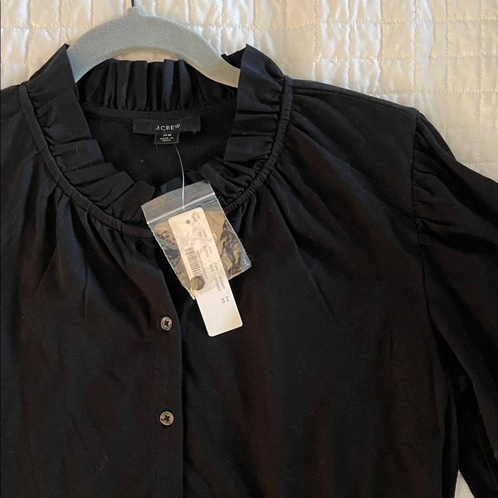 J. Crew Black Button-Up with Ruffle Neckline